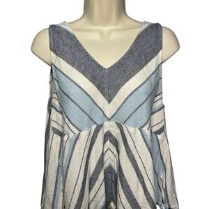 Indigo Rein Blue Striped Fringe Sleeveless  Open Back Linen Women's Top Size L